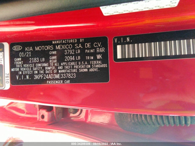 2021 KIA FORTE LXS VIN: 3KPF24AD3ME337823