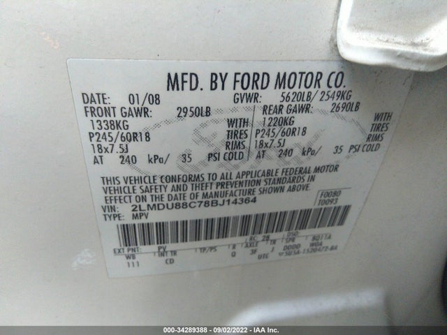 Lincoln MKX 2008 2LMDU88C78BJ14364 Image 10