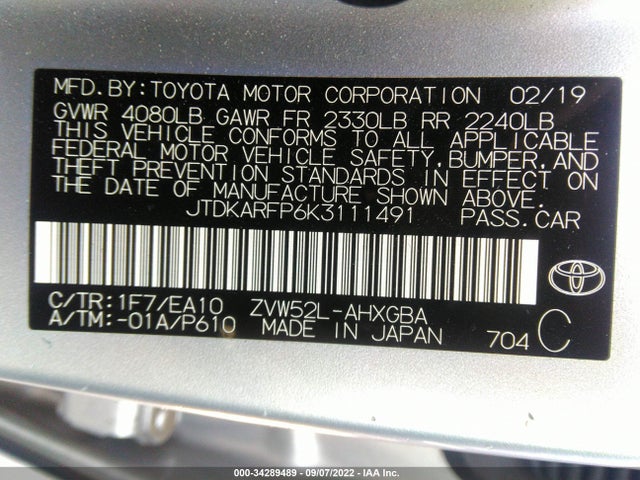 2019 Toyota Prius, VIN: JTDKARFP6K3111491