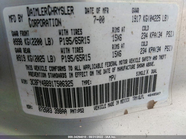 2001 CHRYSLER PT CRUISER VIN: 3C8FY4BB91T506325