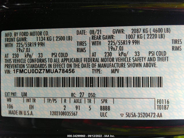 2021 Ford Escape, VIN: 1FMCU0DZ7MUA78456