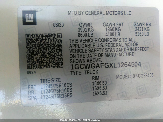 2020 Chevrolet Express, VIN: 1GCWGAFGXL1264504