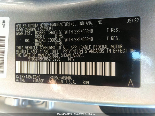 2022 Toyota Highlander, VIN: 5TDGZRBH3NS218286
