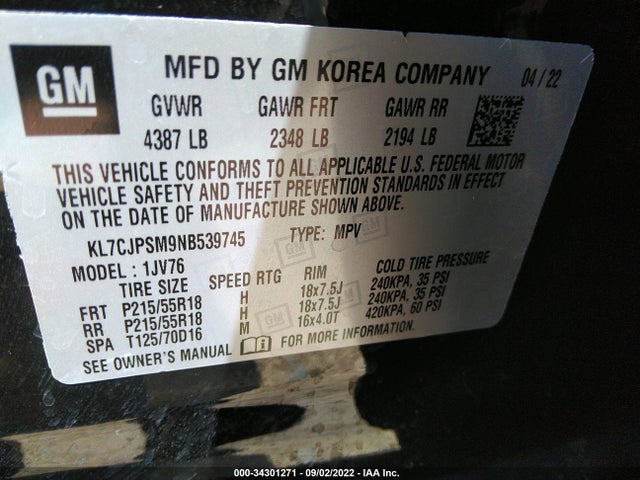 2022 Chevrolet Trax, VIN: KL7CJPSM9NB539745