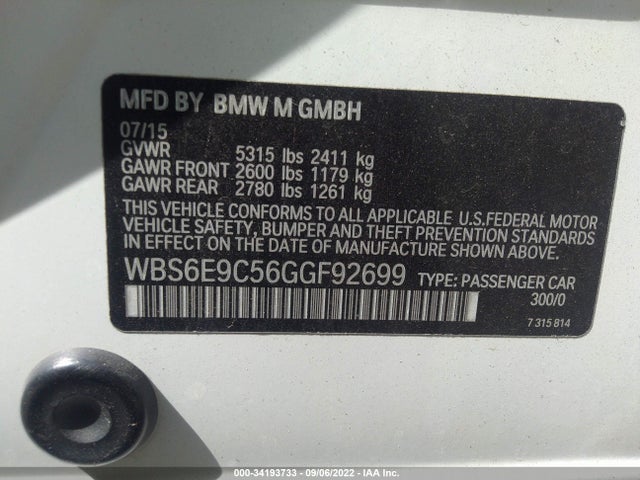 2016 BMW M6, VIN: WBS6E9C56GGF92699