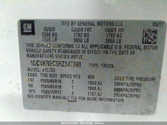 2017 CHEVROLET SILVERADO 1500 LT VIN: 1GCVKREC3HZ347398
