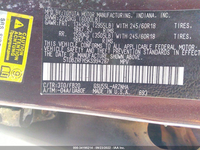Toyota Highlander Le 2019 5TDBZRFH5KS994287 Image 9