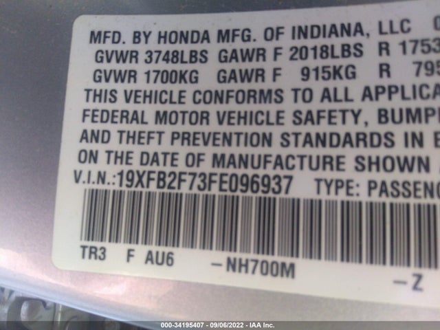 2015 HONDA CIVIC SEDAN SE VIN: 19XFB2F73FE096937