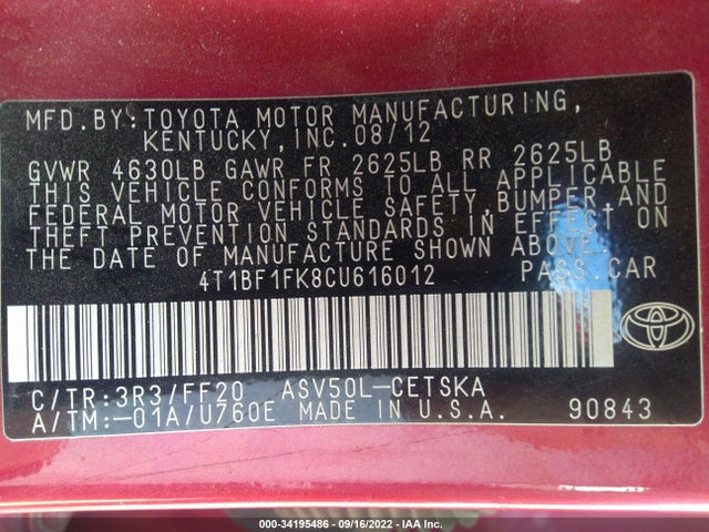 2012 TOYOTA CAMRY L/LE/SE/XLE VIN: 4T1BF1FK8CU616012