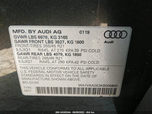2019 Audi e-tron, VIN: WA1VAAGE3KB005866