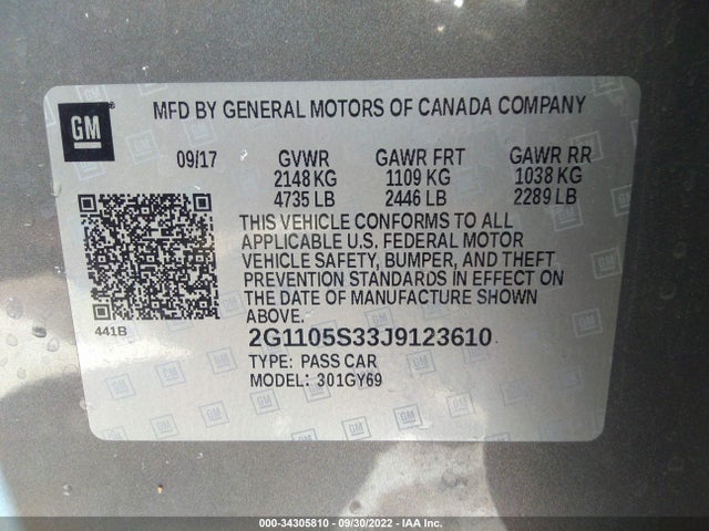 2018 CHEVROLET IMPALA LT VIN: 2G1105S33J9123610