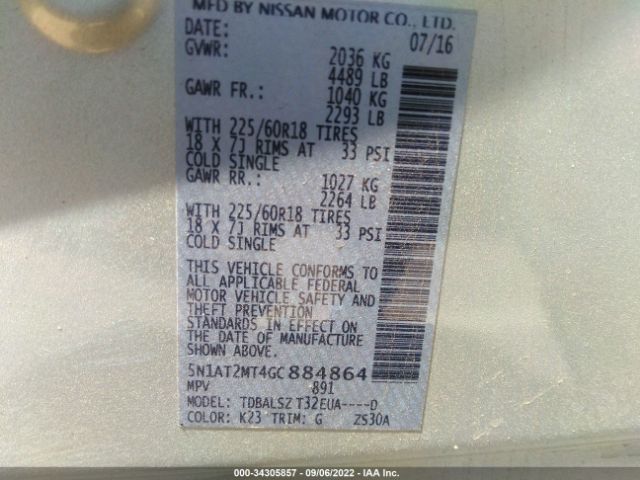 5N1AT2MT4GC884864 Nissan Rogue Sl