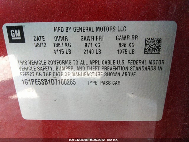 2013 CHEVROLET CRUZE 2LT VIN: 1G1PE5SB1D7100285