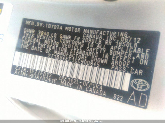 2012 TOYOTA COROLLA L/LE/S VIN: 2T1BU4EE1CC900845
