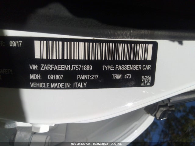 2018 Alfa Romeo Giulia, VIN: ZARFAEEN1J7571889