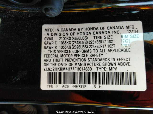 2015 Honda CR-V, VIN: 2HKRM4H77FH614639