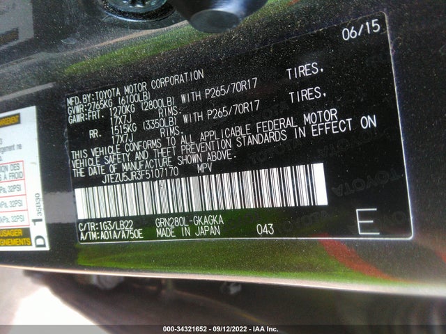 Toyota 4runner Sr5 Premium 2015 JTEZU5JR3F5107170 Image 9