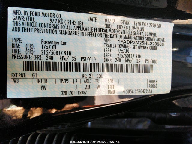 2017 FORD FOCUS SEL VIN: 1FADP3M25HL220986