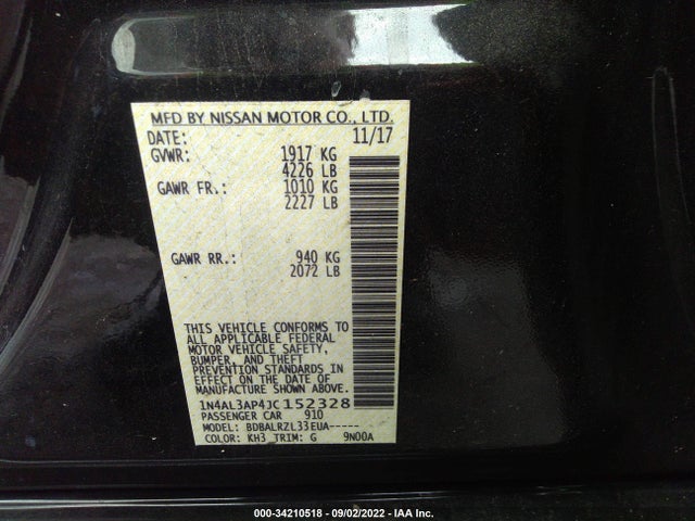 2018 NISSAN ALTIMA 2.5 SL VIN: 1N4AL3AP4JC152328