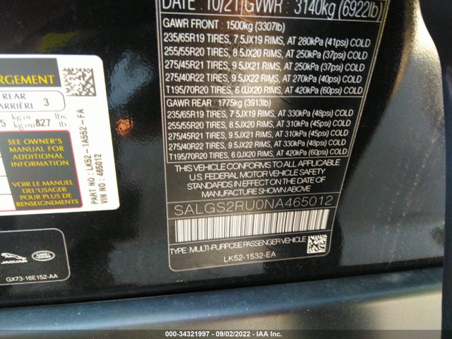 2022 Land Rover Range Rover, VIN: SALGS2RU0NA465012