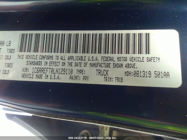 Продажа на аукционе авто 2020 Ram 1500 Lone Star, vin: 1C6RREFT0LN129110, номер лота: 34322179