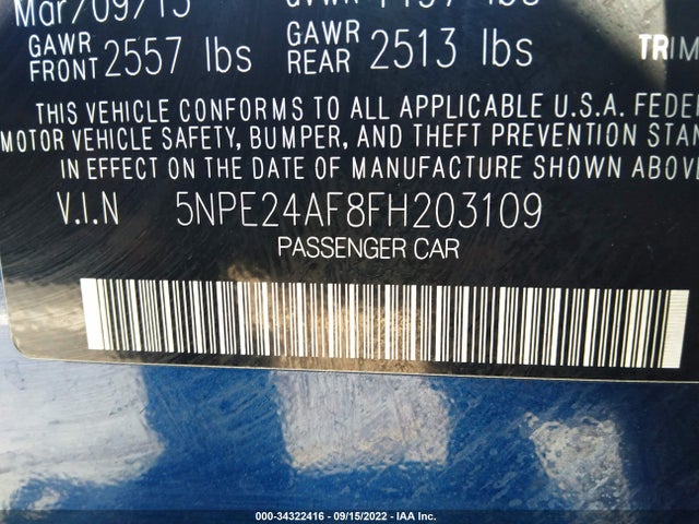 2015 HYUNDAI SONATA 2.4L SE VIN: 5NPE24AF8FH203109