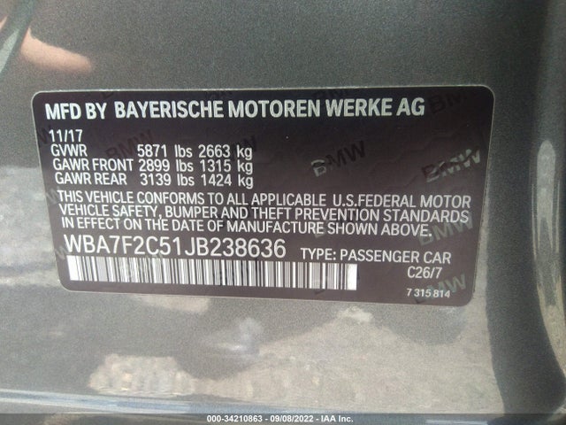 2018 BMW 7 Series, VIN: WBA7F2C51JB238636