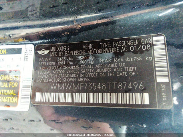 WMWMF73548TT87496 Mini Cooper Hardtop S
