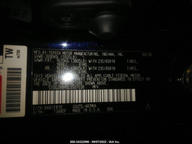2020 Toyota Highlander, VIN: 5TDGZRBH5LS507036