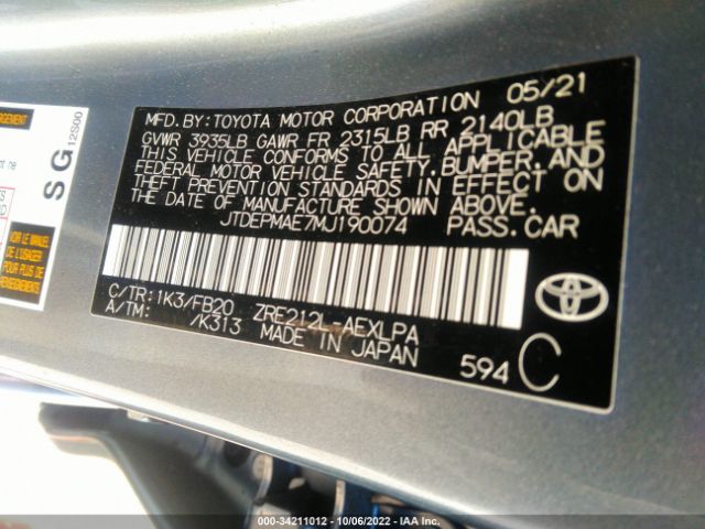 JTDEPMAE7MJ190074 Toyota COROLLA LE
