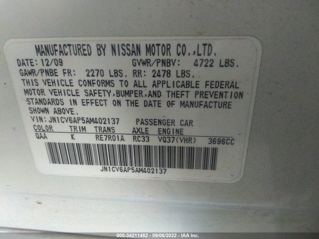 2010 INFINITI G37 SEDAN JOURNEY VIN: JN1CV6AP5AM402137