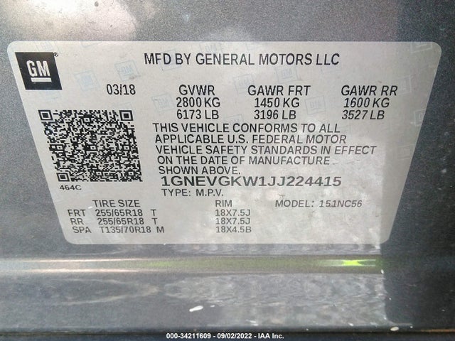 2018 Chevrolet Traverse, VIN: 1GNEVGKW1JJ224415