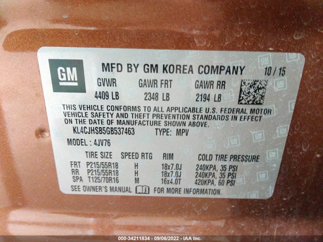 2016 Buick Encore, VIN: KL4CJHSB5GB537463