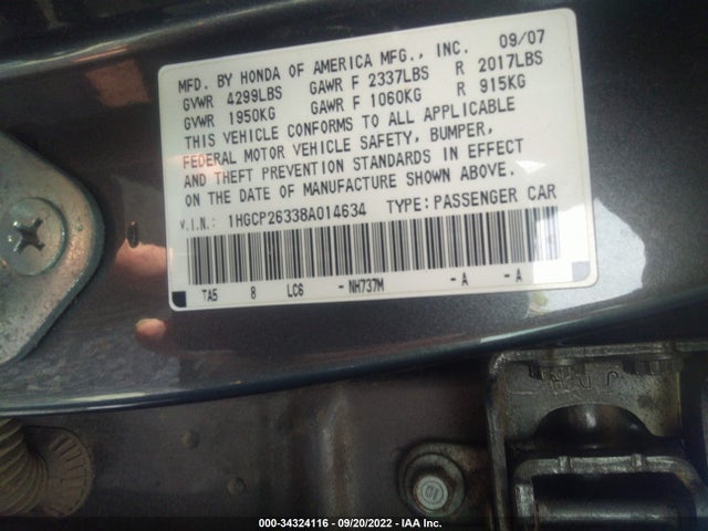 2008 HONDA ACCORD SDN LX VIN: 1HGCP26338A014634