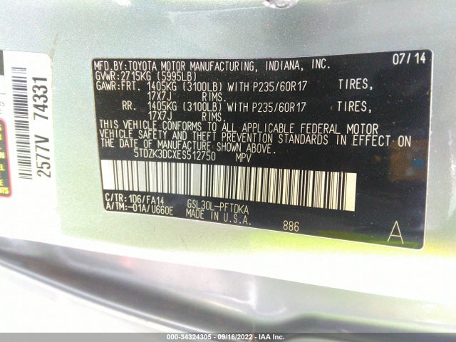 Toyota Sienna L 2014 5TDZK3DCXES512750 Image 9