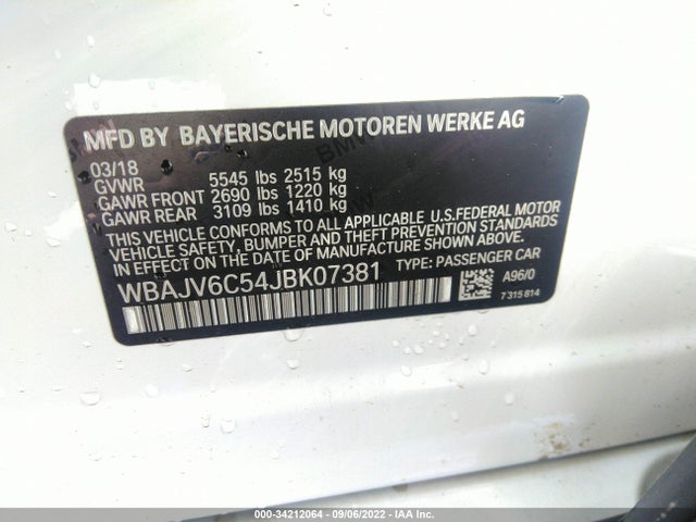 2018 BMW 6 Series, VIN: WBAJV6C54JBK07381