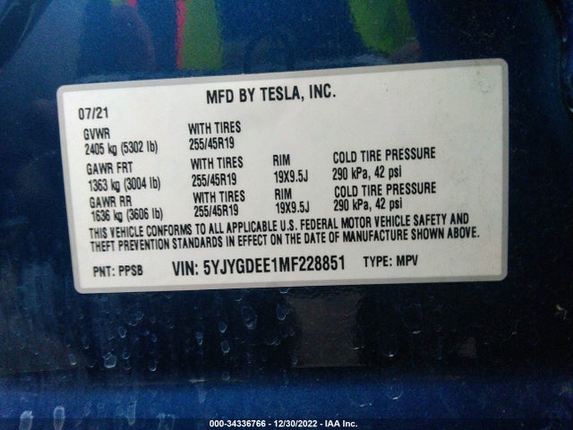 Tesla Model Y 2021 5YJYGDEE1MF228851 Image 9