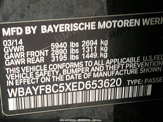 2014 BMW 7 Series, VIN: WBAYF8C5XED653620