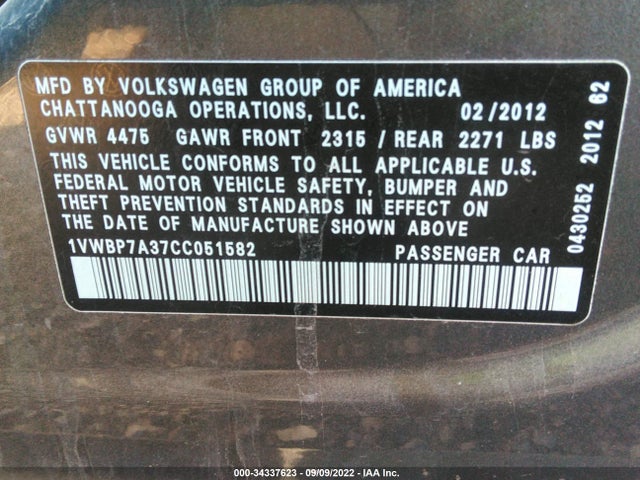 Volkswagen PASSAT SE 2012 1VWBP7A37CC051582 Image 10