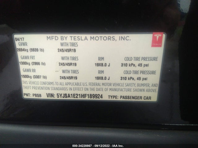 2017 Tesla Model S, VIN: 5YJSA1E21HF189924