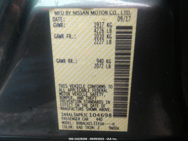1N4AL3AP6JC104698 Nissan Altima 2.5 Sr
