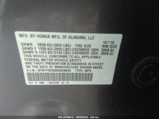 Honda Pilot Elite 2019 5FNYF6H00KB048840 Image 9