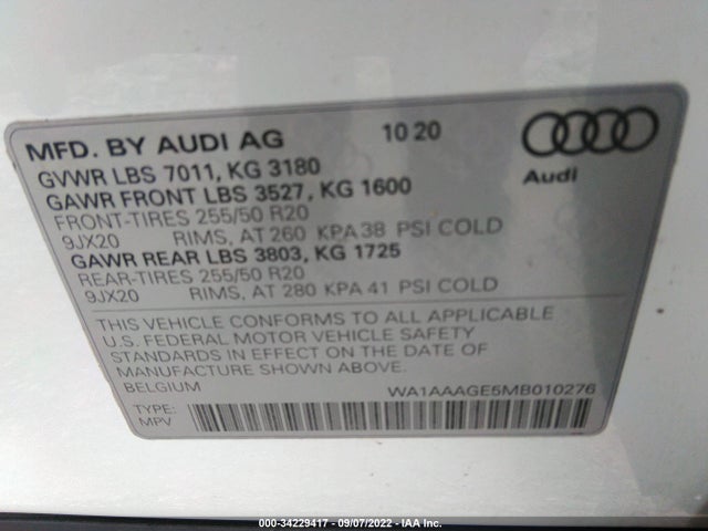 2021 Audi e-tron, VIN: WA1AAAGE5MB010276