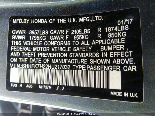 Honda Civic Lx 2017 SHHFK7H22HU217032 Image 9