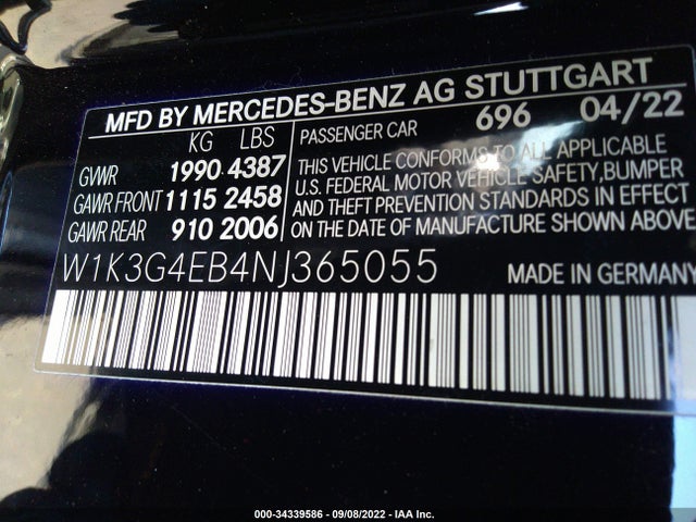 2022 Mercedes-Benz A-Class, VIN: W1K3G4EB4NJ365055