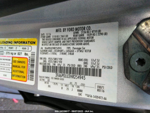 2017 Ford Fusion, VIN: 3FA6P0LU2HR254945