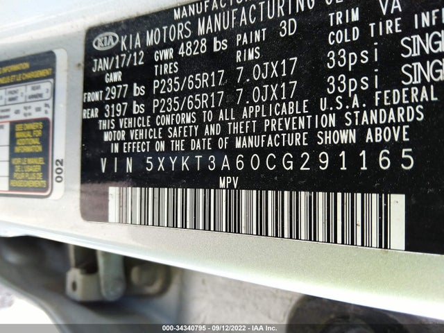 2012 KIA SORENTO LX VIN: 5XYKT3A60CG291165
