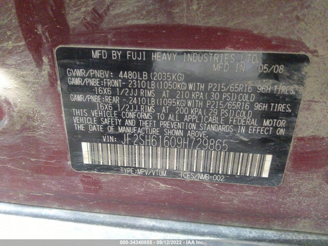 JF2SH61609H729865 Subaru FORESTER X