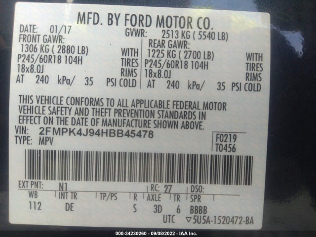 2017 FORD EDGE SEL VIN: 2FMPK4J94HBB45478