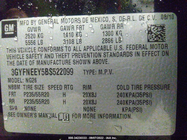 34230333 :رقم المزاد ، 3GYFNEEY5BS522099 vin ، 2011 Cadillac Srx Performance Collection مزاد بيع